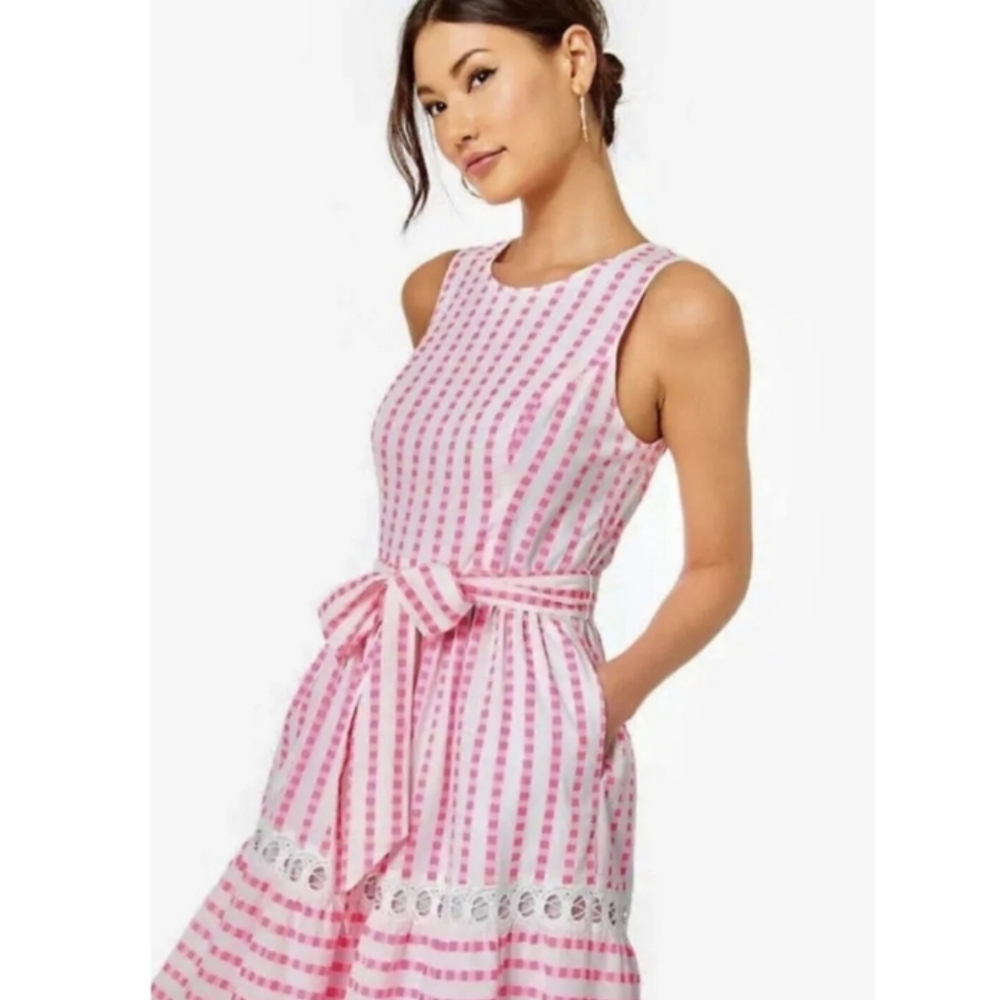 Lilly Pulitzer Maybella Tiered Midi Dress Pink Isle Gingham Lace Insert 6 - Picture 2 of 16